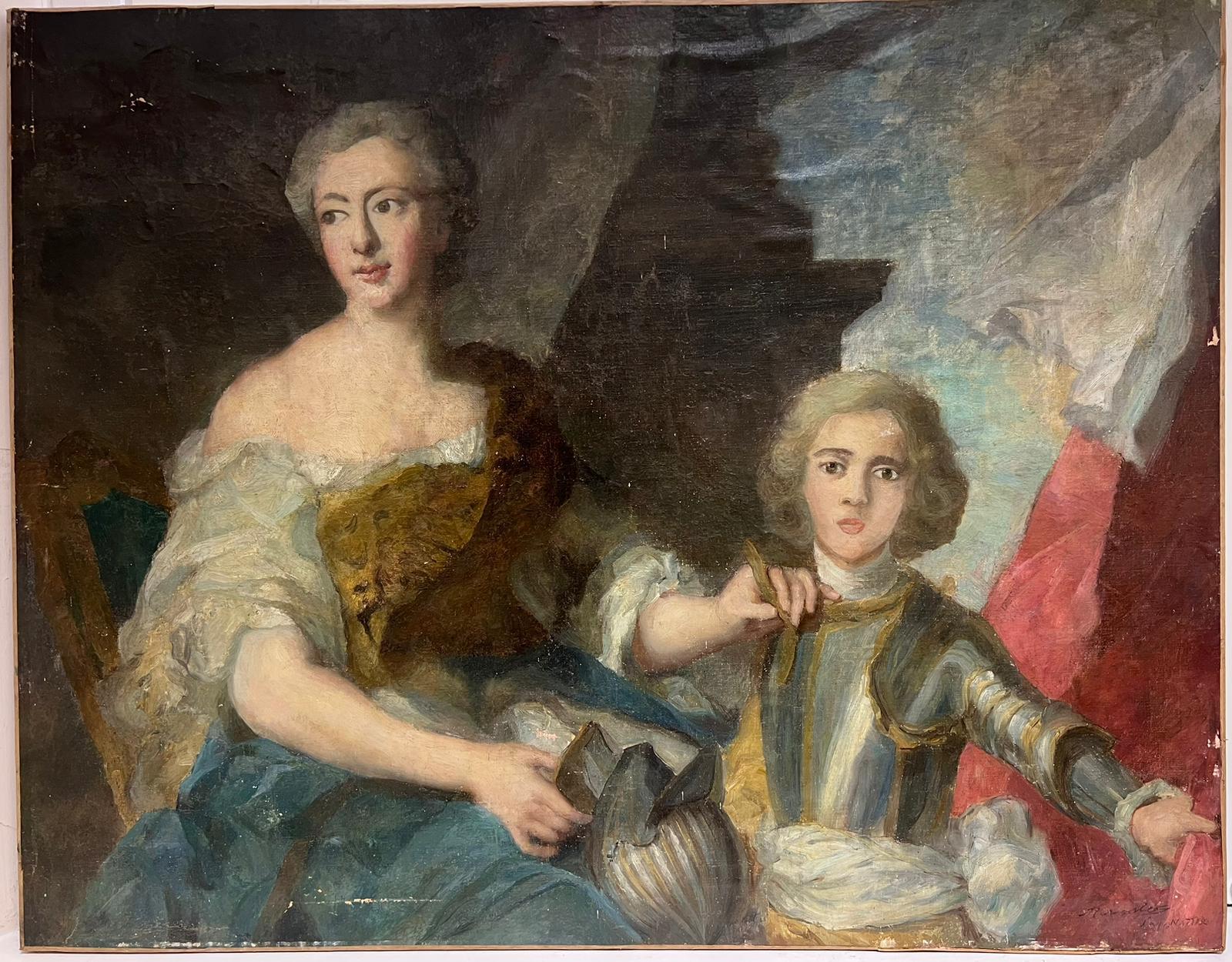 Très grand portrait rococo français de mère et fils, huile sur toile signée - Painting de French School