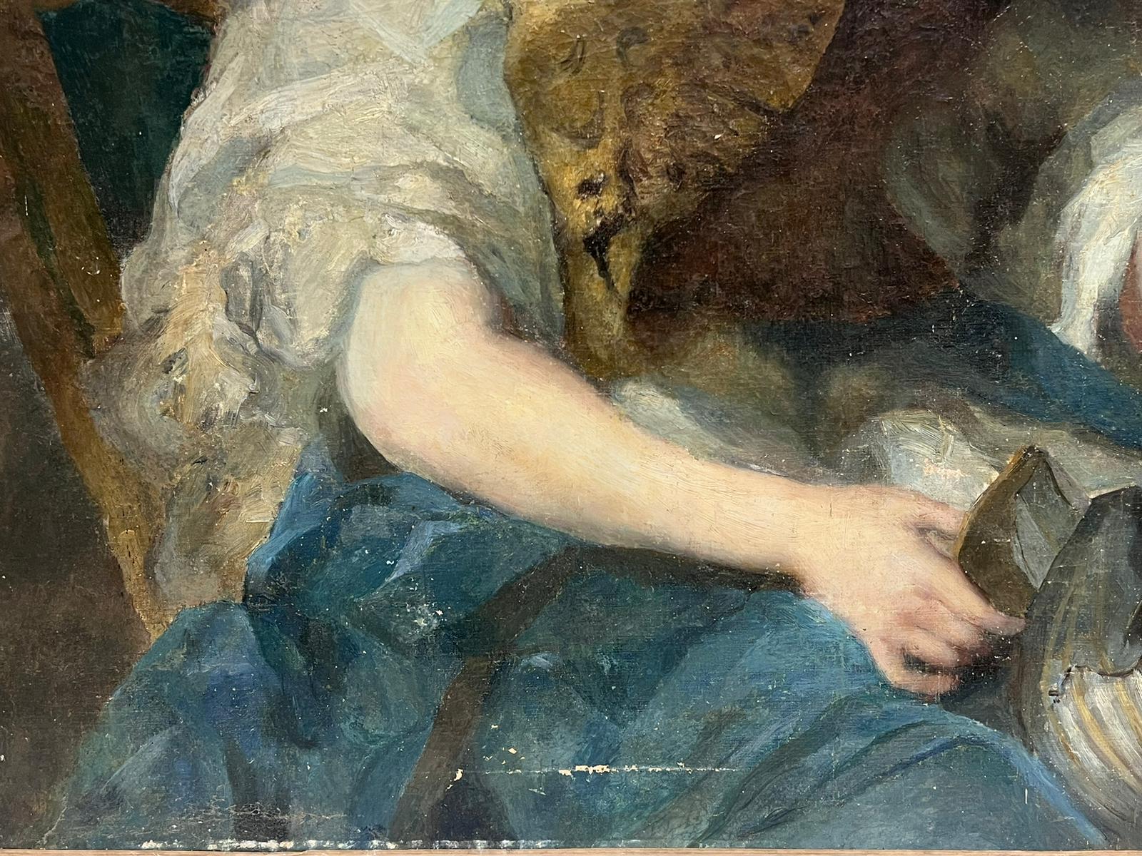 Porträt einer Mutter und eines Sohnes
Französische Schule, 19. Jahrhundert - nach einem früheren Gemälde des 18. Jahrhunderts aus der Rokokozeit. 
Ölgemälde auf Leinwand, ungerahmt
Leinwand: 38,75 x 49,5 Zoll
Provenienz: Privatsammlung,