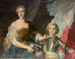 Huge French Rococo Portrait of Mother & Son Signed Oil on Canvas