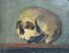 Antique Late 19th Century French Oil Painting Portrait of a Skull Skeleton Head