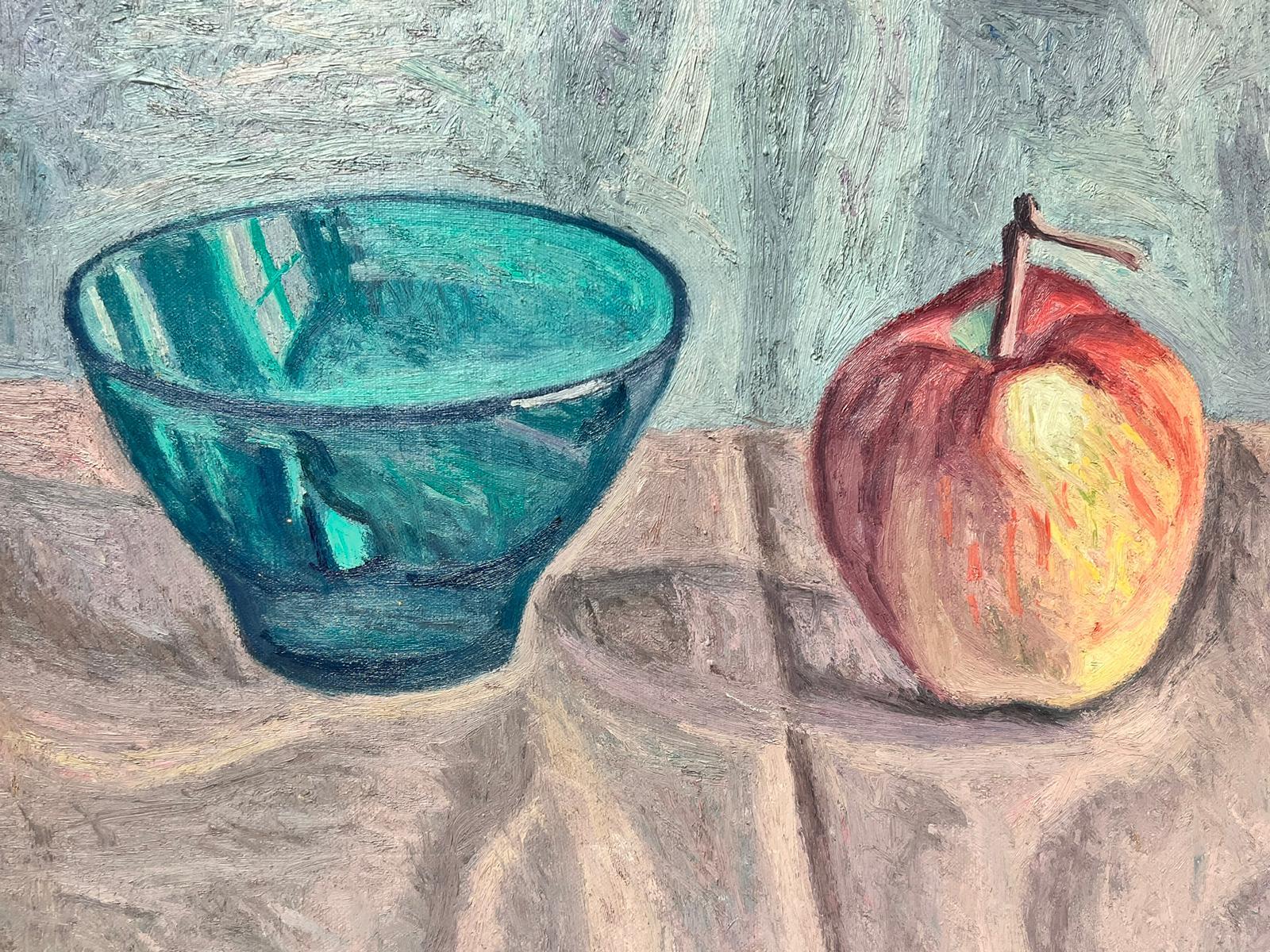 Late 20th Century French Post Impressionist Signed Oil Still Life Apple & Bowl - Gray Interior Painting by French School