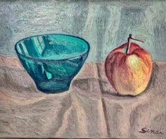 Retro Late 20th Century French Post Impressionist Signed Oil Still Life Apple & Bowl