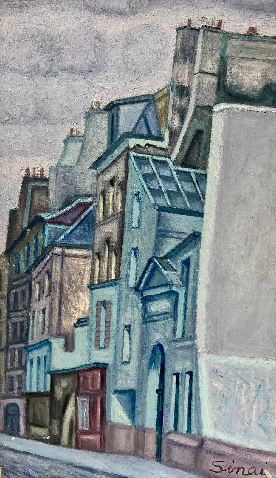 French School Landscape Painting - Mid 20th Century French Post-Impressionist Tall Blue Parisian Buildings