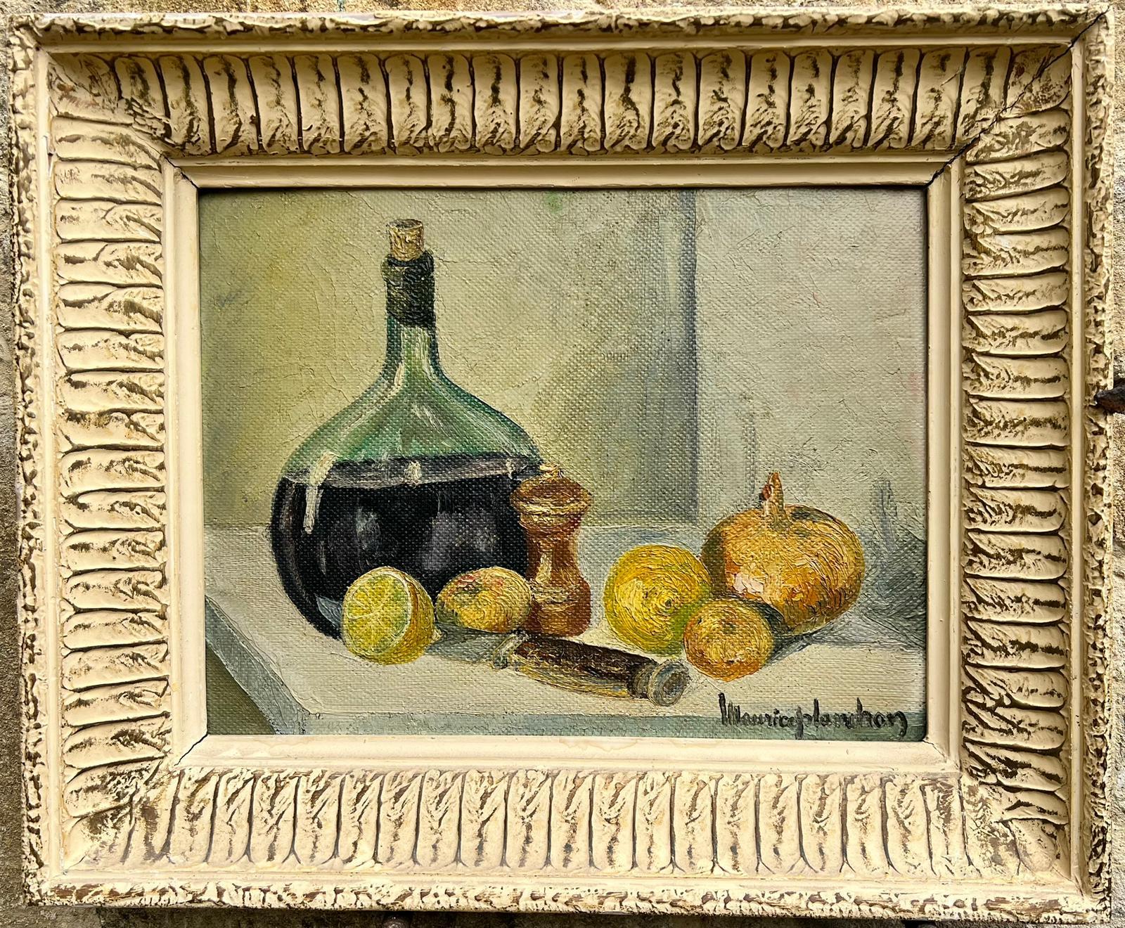 French School Interior Painting - Mid 20th Century French Signed Oil Still Life Fruit in Vintage Shabby Chic Frame