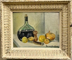 Nature morte à l'huile française du milieu du 20e siècle, signée, avec des fruits dans un cadre vintage Shabby Chic