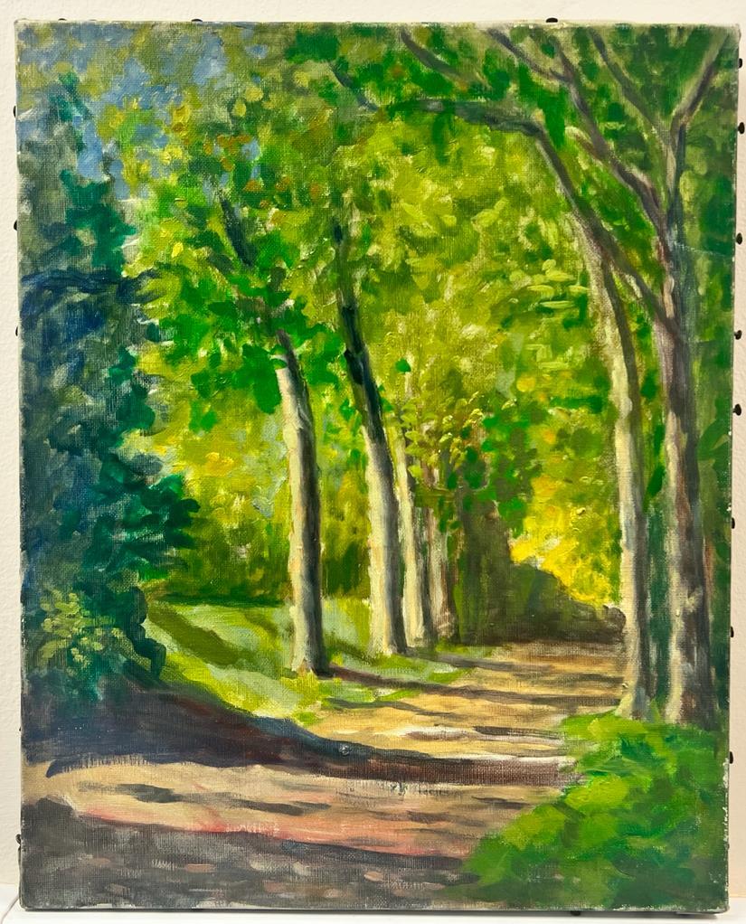 Mid Century French Impressionist Oil Painting Dappled Light Woodland Pathway - Green Landscape Painting by French School