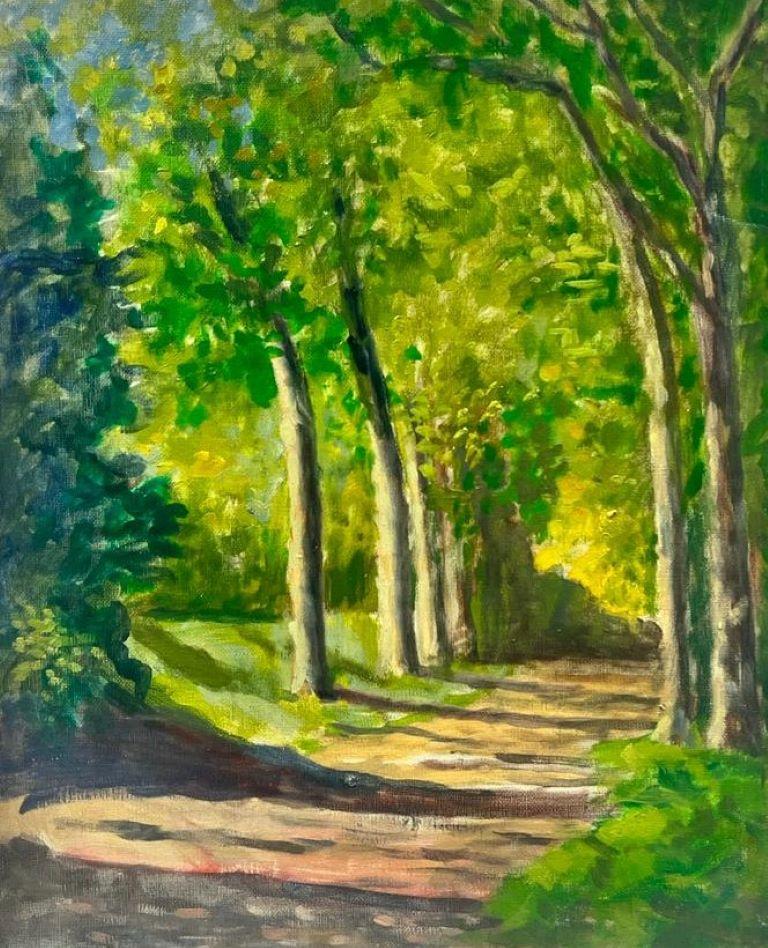 French School Landscape Painting - Mid Century French Impressionist Oil Painting Dappled Light Woodland Pathway