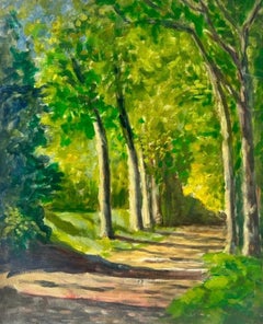 Mid Century French Impressionist Oil Painting Dappled Light Woodland Pathway