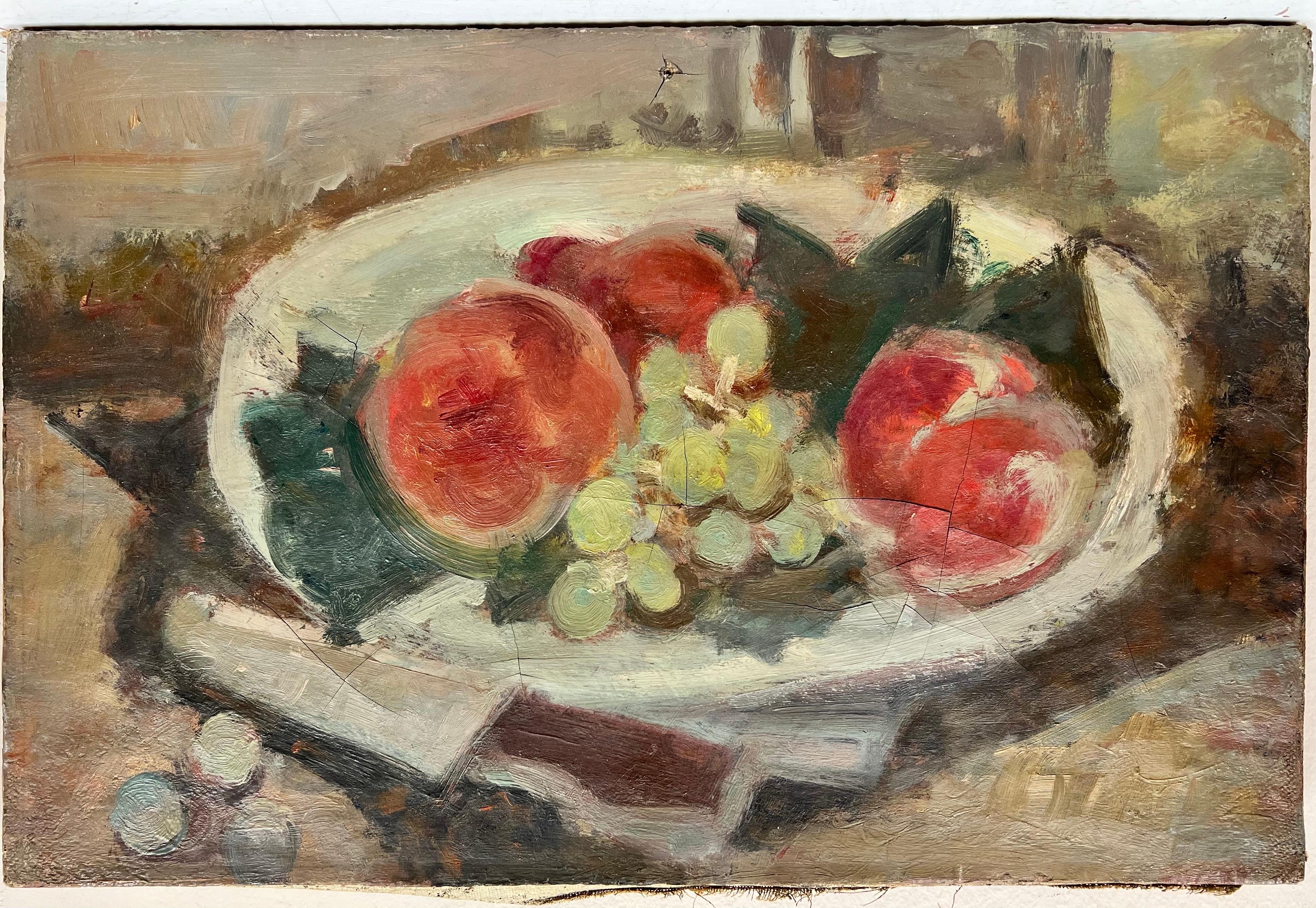 Still Life of Fruit
French School, mid 20th century
oil on canvas
10.5 x 16 inches
provenance: private collection, France
The painting is in sound condition but very much showing the signs of age; small hole to the upper centre which looks like a