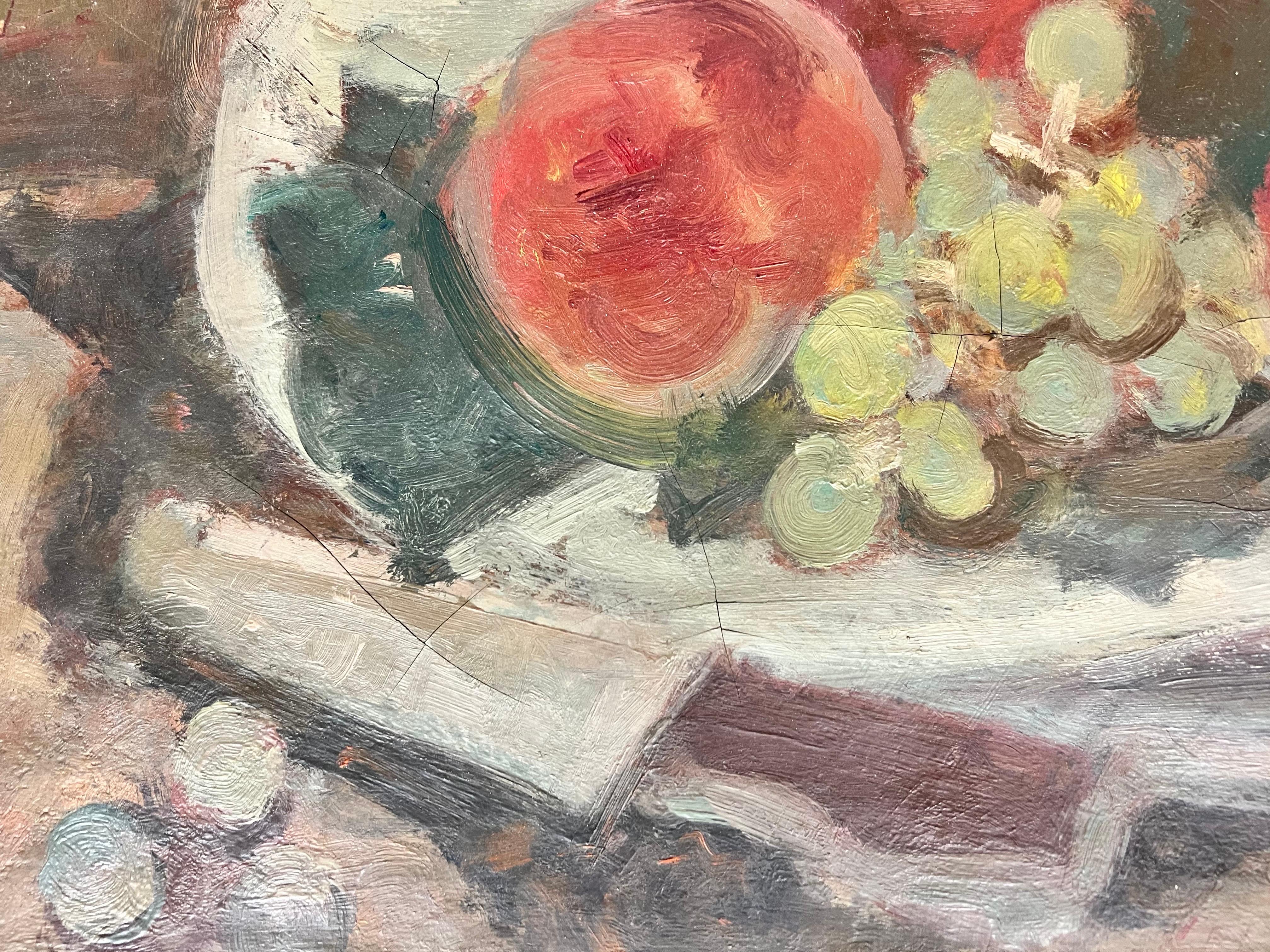 Mid Century French Modernist Oil Painting Still Life Fruit on a Bowl For Sale 1