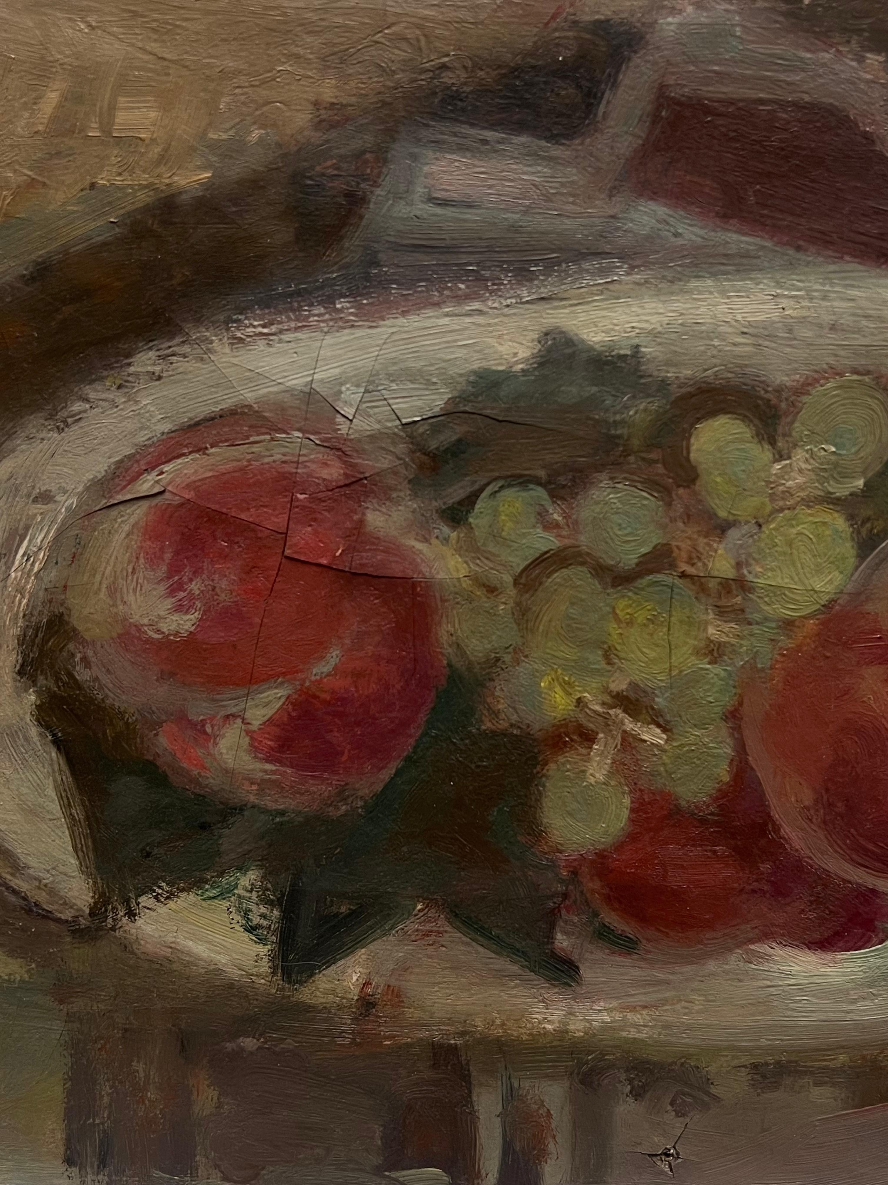 Bodegón de frutas
Escuela francesa, mediados del siglo XX
óleo sobre lienzo
10,5 x 16 pulgadas
procedencia: colección privada, Francia
El cuadro está en buen estado, pero muestra los signos de la edad; un pequeño agujero en la parte superior central