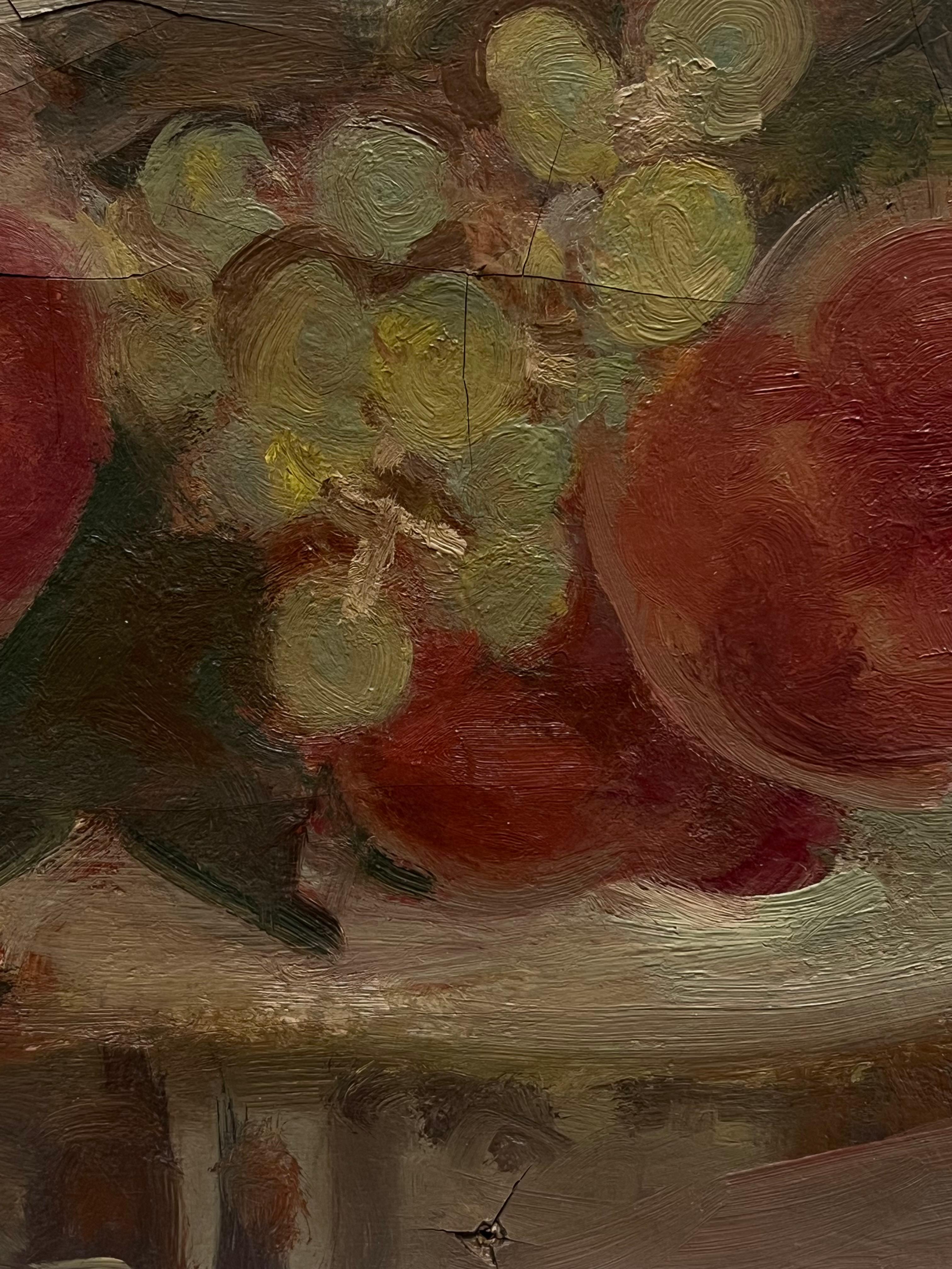 Pintura al óleo modernista francesa de mediados de siglo Naturaleza muerta Fruta en un cuenco en venta 1