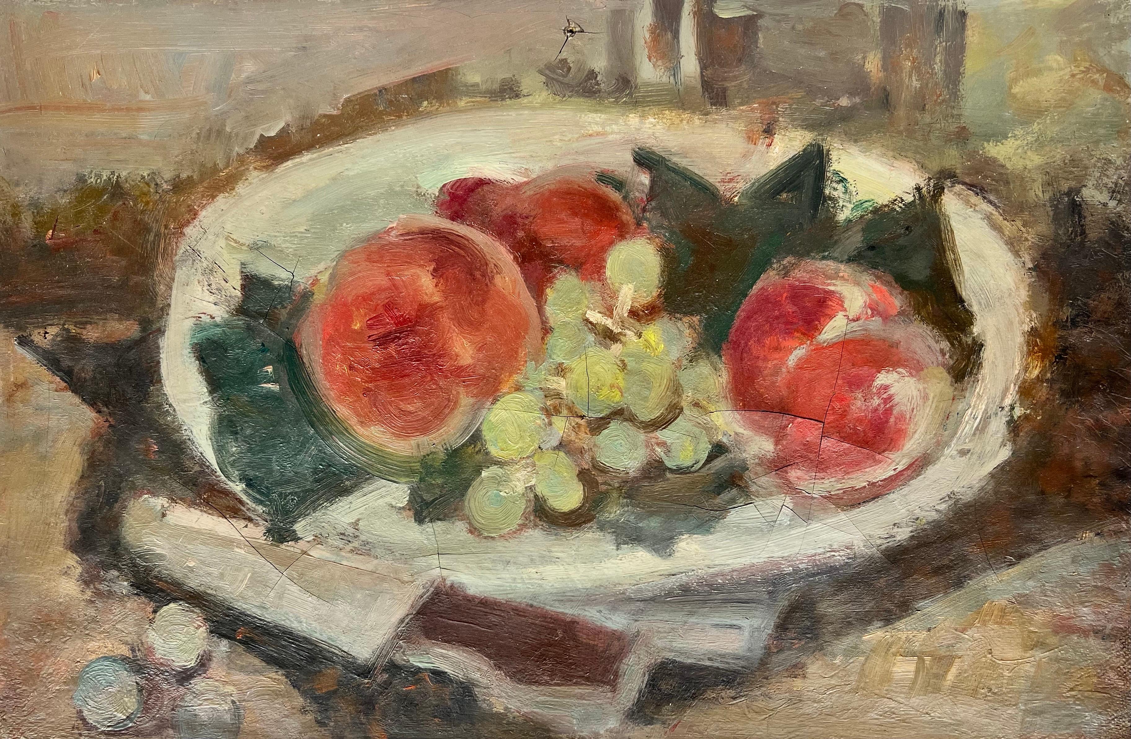 French School Interior Painting - Mid Century French Modernist Oil Painting Still Life Fruit on a Bowl