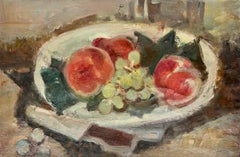 Peinture à l'huile moderniste française du milieu du siècle Nature morte aux fruits sur un bol