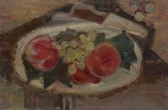 Pintura al óleo modernista francesa de mediados de siglo Naturaleza muerta Fruta en un cuenco