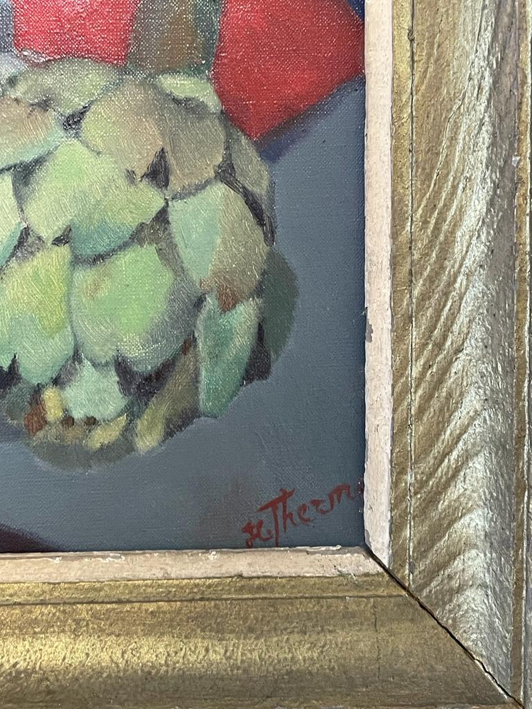Mid Century French Modernist Signed Oil Artichokes Still Life Red Background For Sale 1