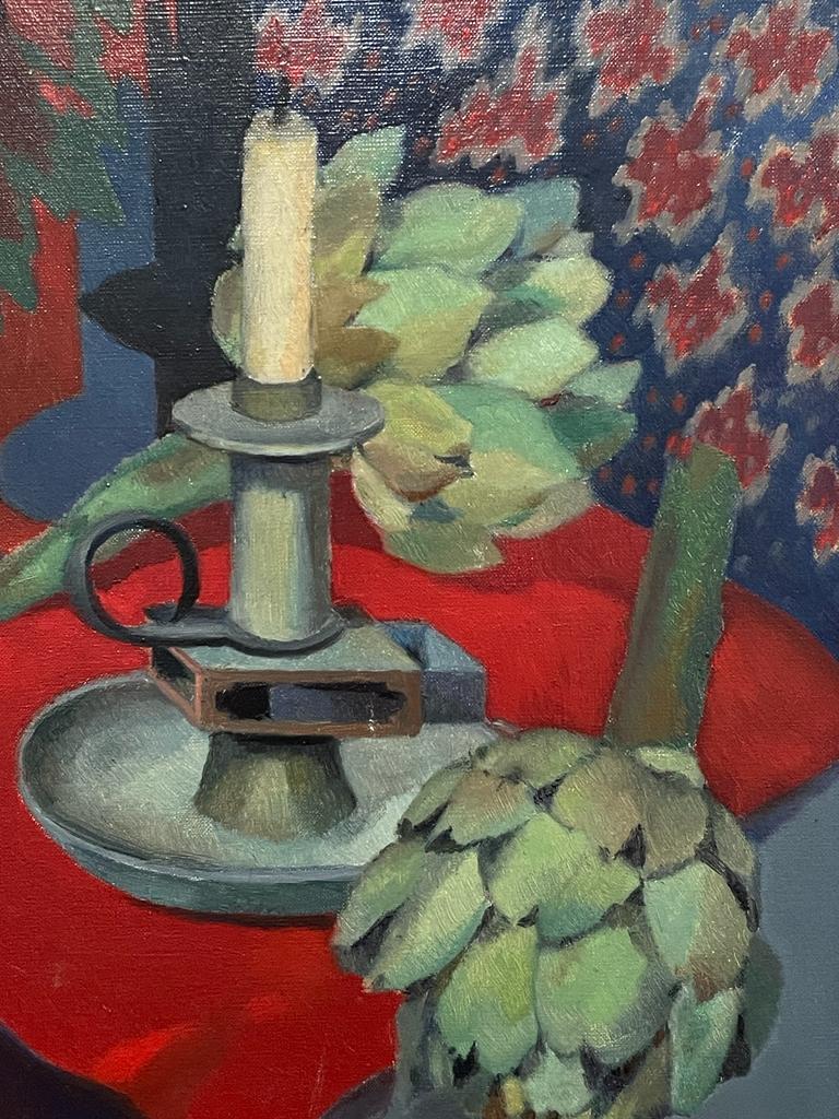 French School Interior Painting - Mid Century French Modernist Signed Oil Artichokes Still Life Red Background