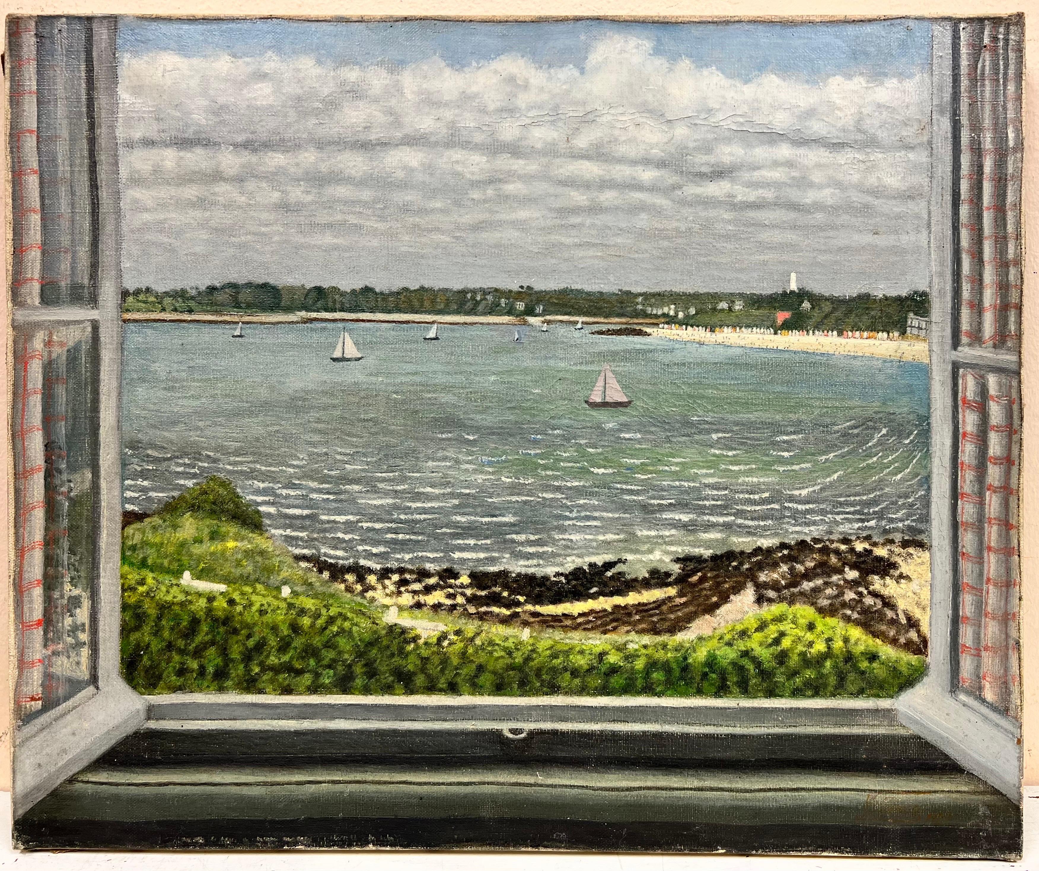 French Room de mediados de siglo con vistas al mar, la playa y los veleros - Painting de French School