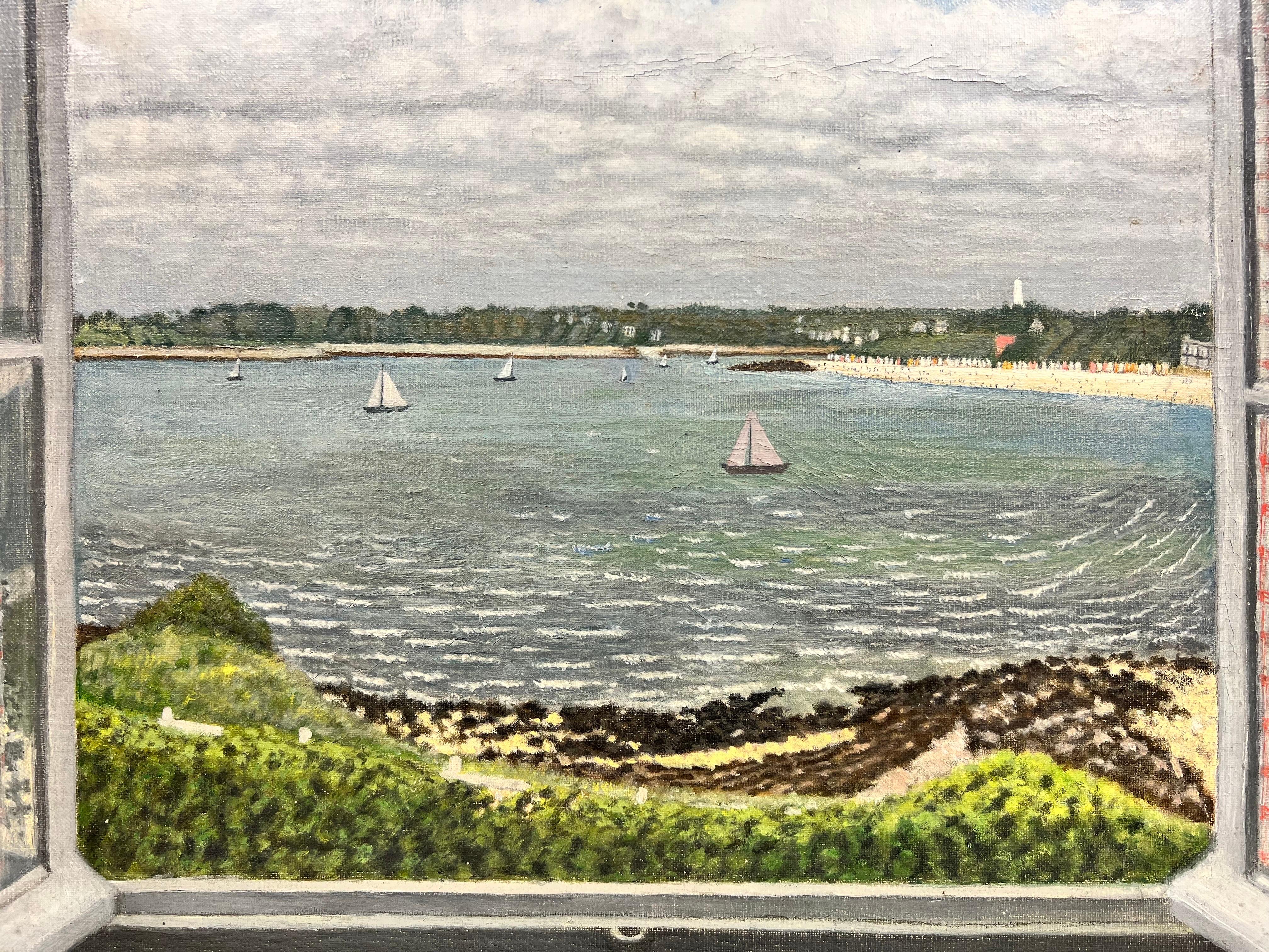 French Room de mediados de siglo con vistas al mar, la playa y los veleros - Painting Impresionista de French School