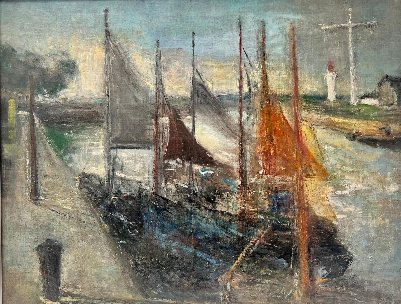 Mid Century French Post-Impressionist Oil Boats Moored Estuary Scene, framed - Painting by French School