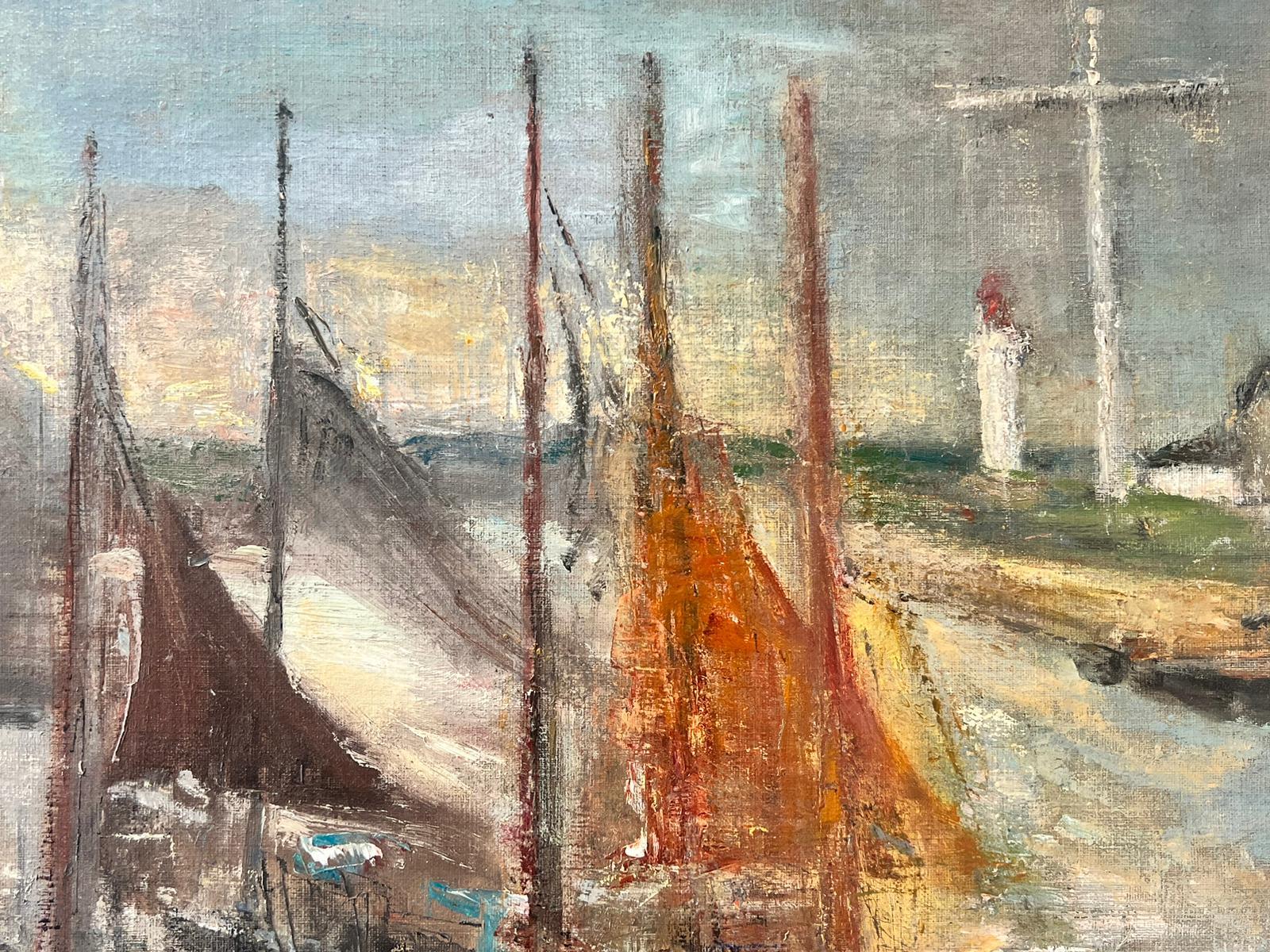Mid Century French Post-Impressionist Oil Boats Moored Estuary Scene, framed For Sale 1