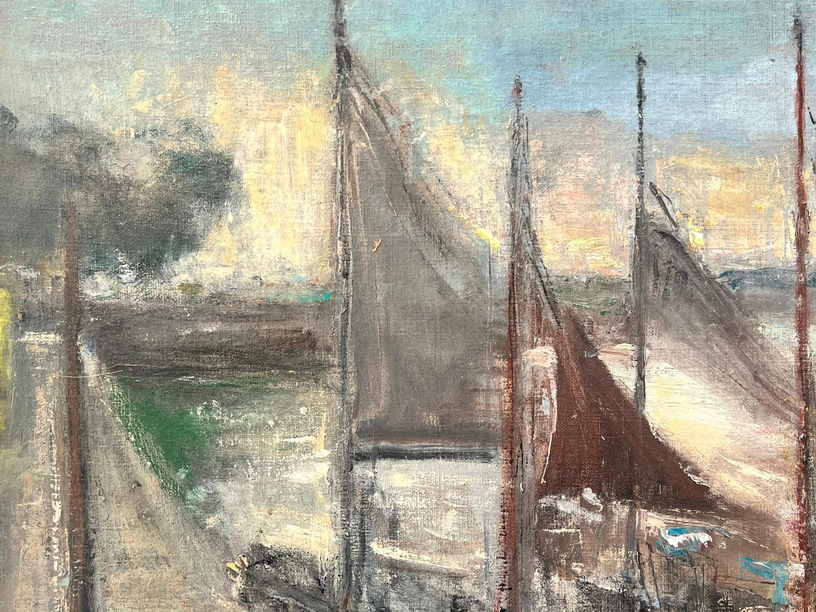 Mid Century French Post-Impressionist Oil Boats Moored Estuary Scene, framed For Sale 2