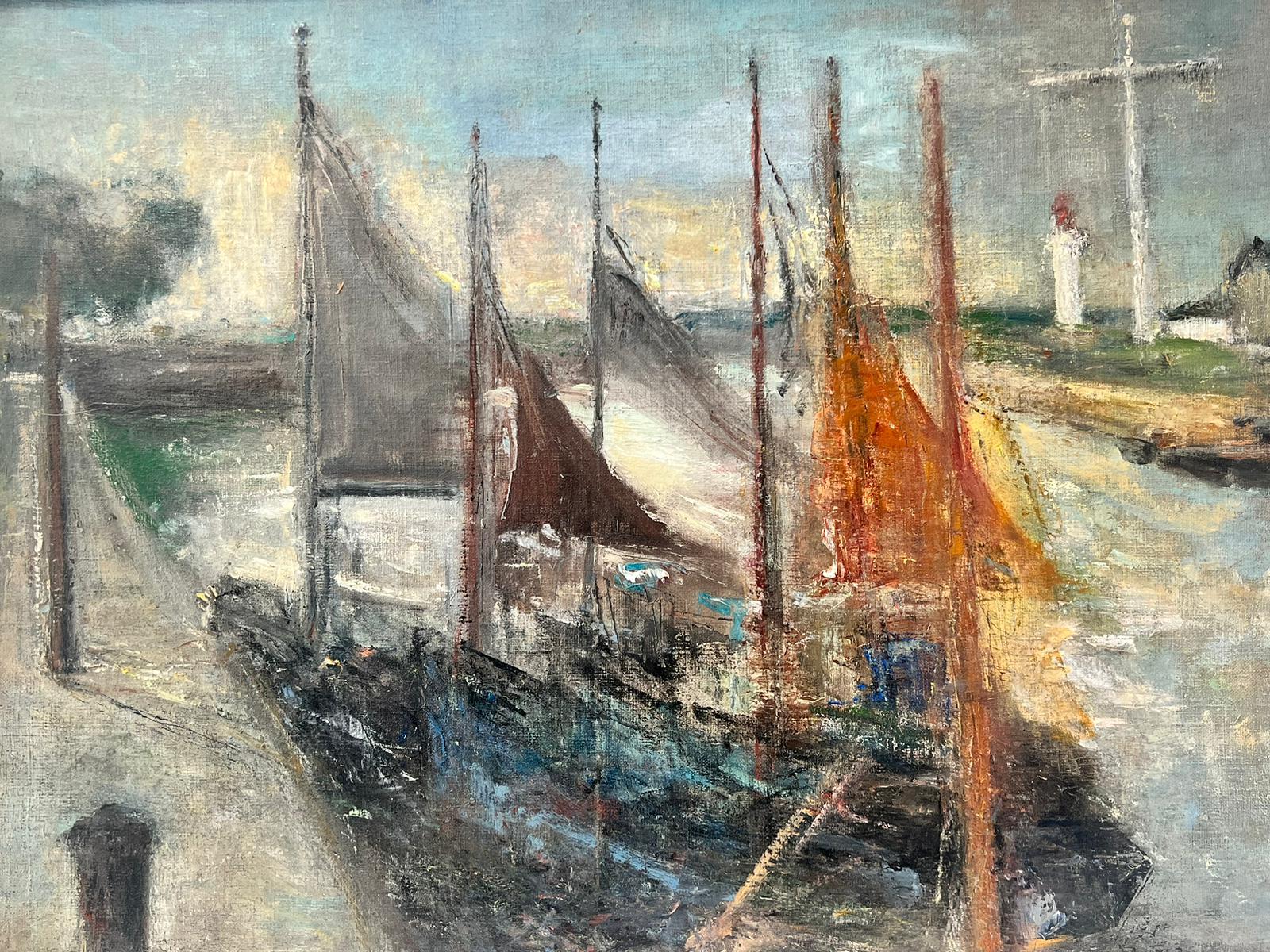 Mid Century French Post-Impressionist Oil Boats Moored Estuary Scene, framed For Sale 4
