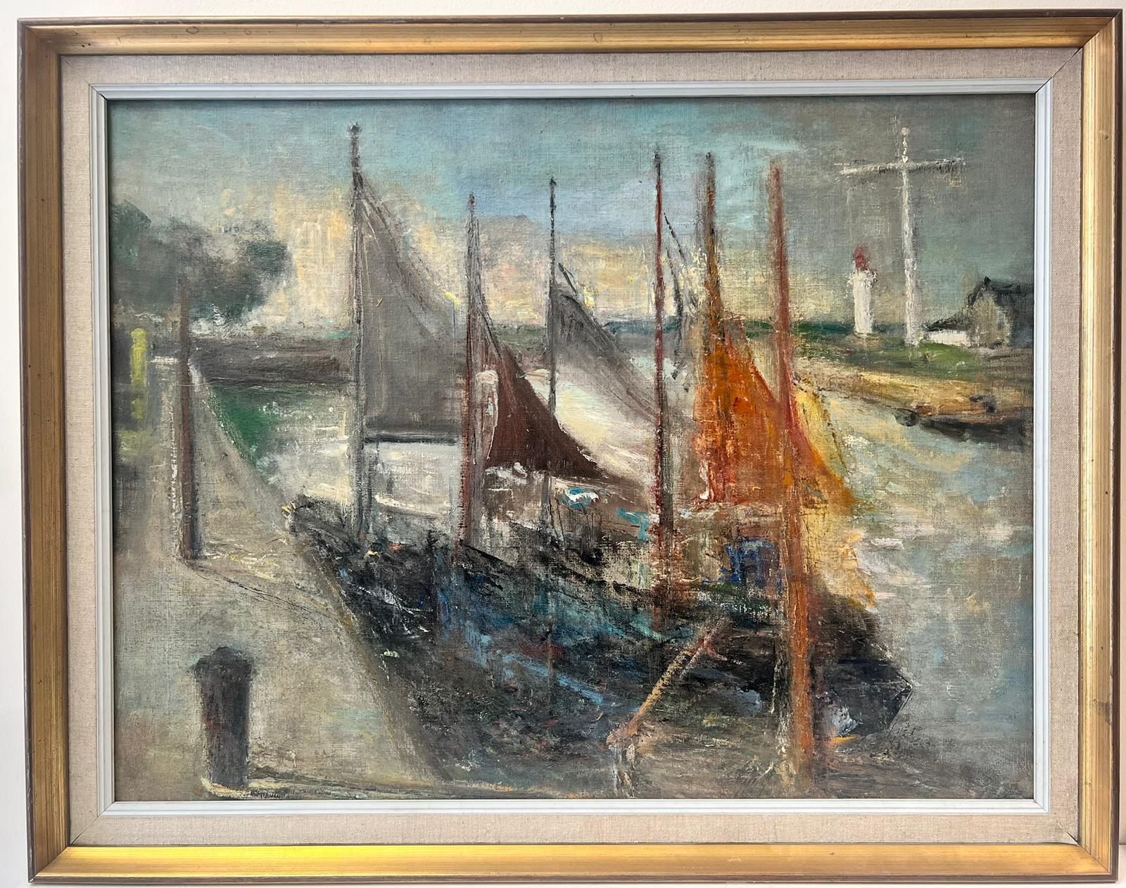 French School Landscape Painting - Mid Century French Post-Impressionist Oil Boats Moored Estuary Scene, framed