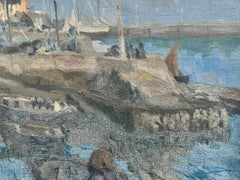 Olio post impressionista firmato della metà del secolo scorso Pescatori in porto con imbarcazioni