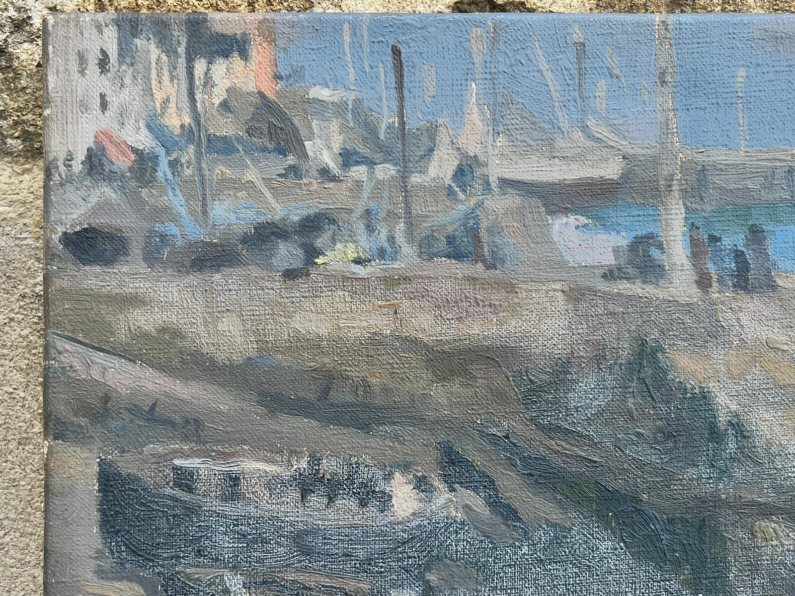 Mid Century French Signed Post Impressionist Oil Fishermen in Harbor with Boats For Sale 1