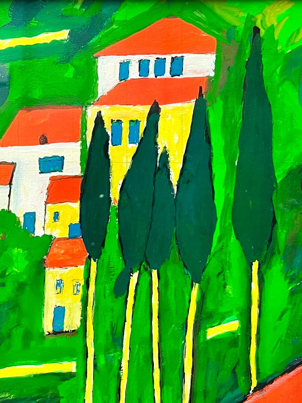 Modern French Colorist Signed Painting Provence Landscape with Trees & Houses For Sale 3
