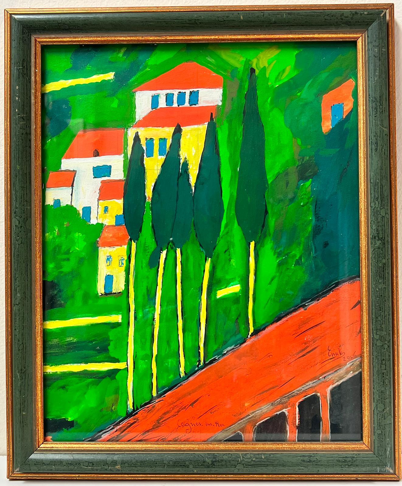 Modern French Colorist Signed Painting Provence Landscape with Trees & Houses For Sale 4