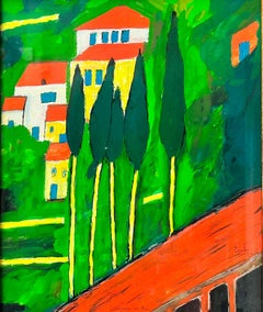 Französisches farbenfrohes Gemälde der Provence, signiert, Landschaft mit Bäumen und Häusern