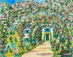 Vintage Monet's Rose Garden Giverny Signed French Impressionist Oil Painting on Canvas