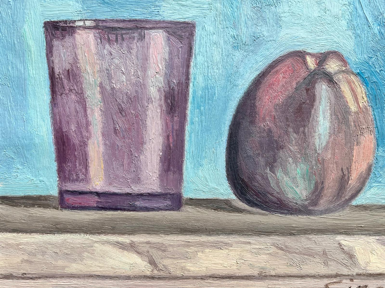 Signed French Modernist Still Life Fruit with Glass Blue Background - Painting by French School