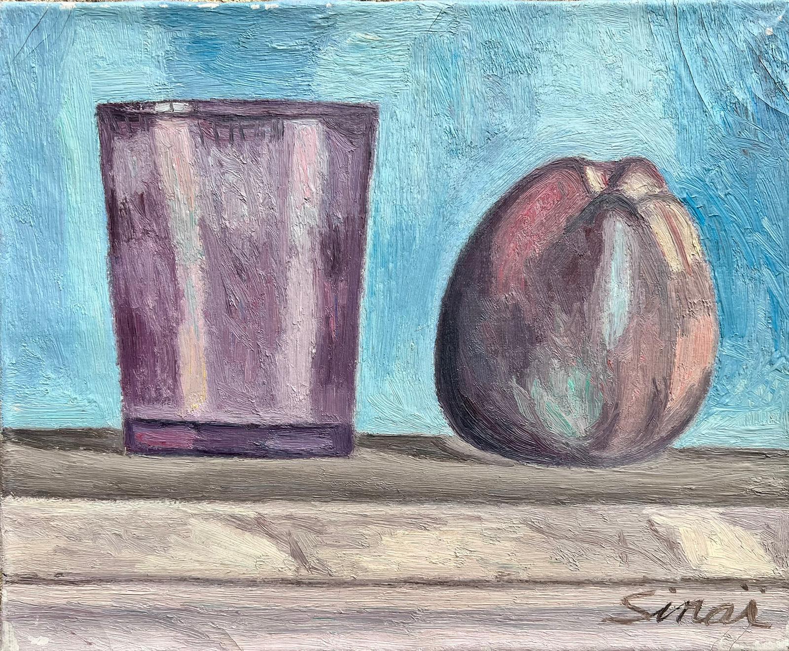 French School Still-Life Painting - Signed French Modernist Still Life Fruit with Glass Blue Background
