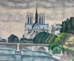 Notre Dame Paris River Seine City Skyline View Signed French Modernist Oil