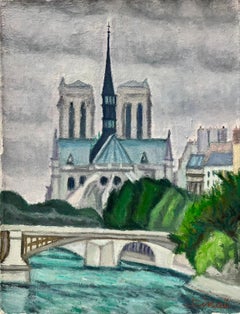 Notre Dame River Seine Paris Skyline 20th Century French Modernist Signed Oil