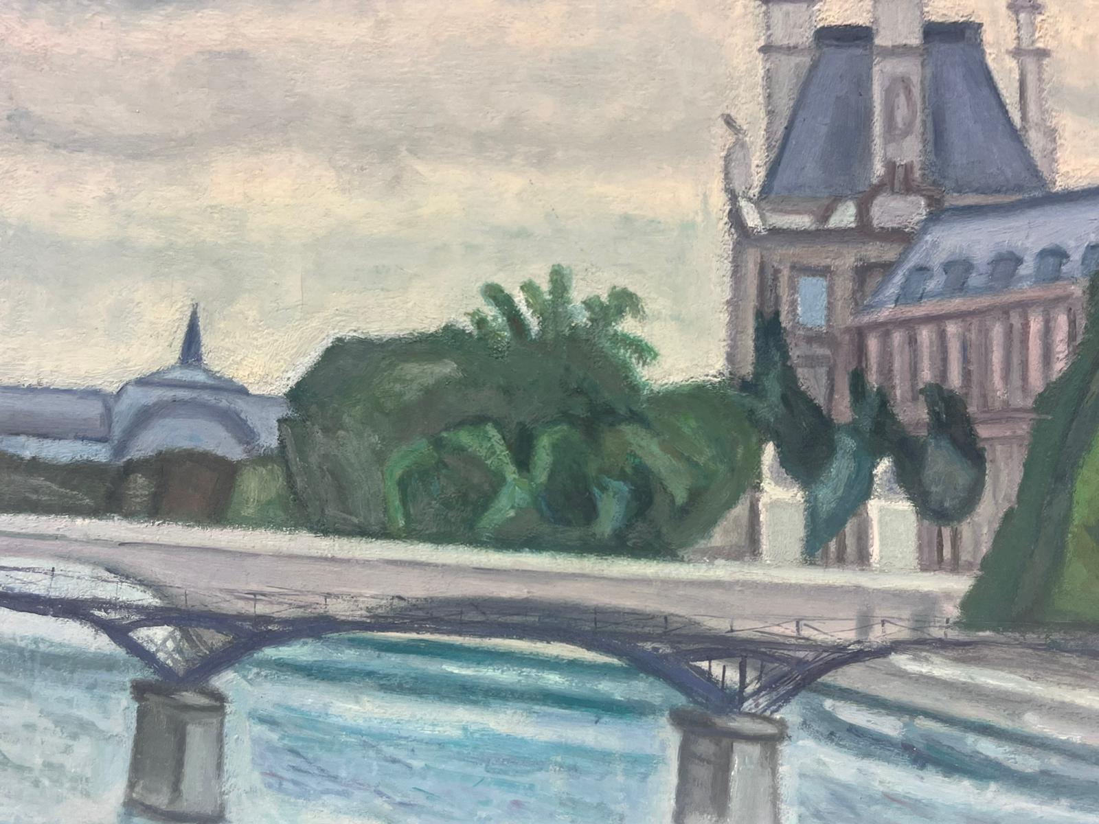 Paris Skyline River Seine & Louvre Buildings Signed French Modernist Oil  - Painting by French School