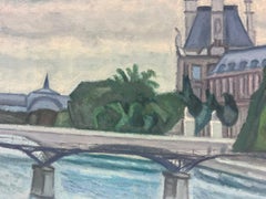 Paris Skyline River Seine & Louvre Buildings Signed French Modernist Oil