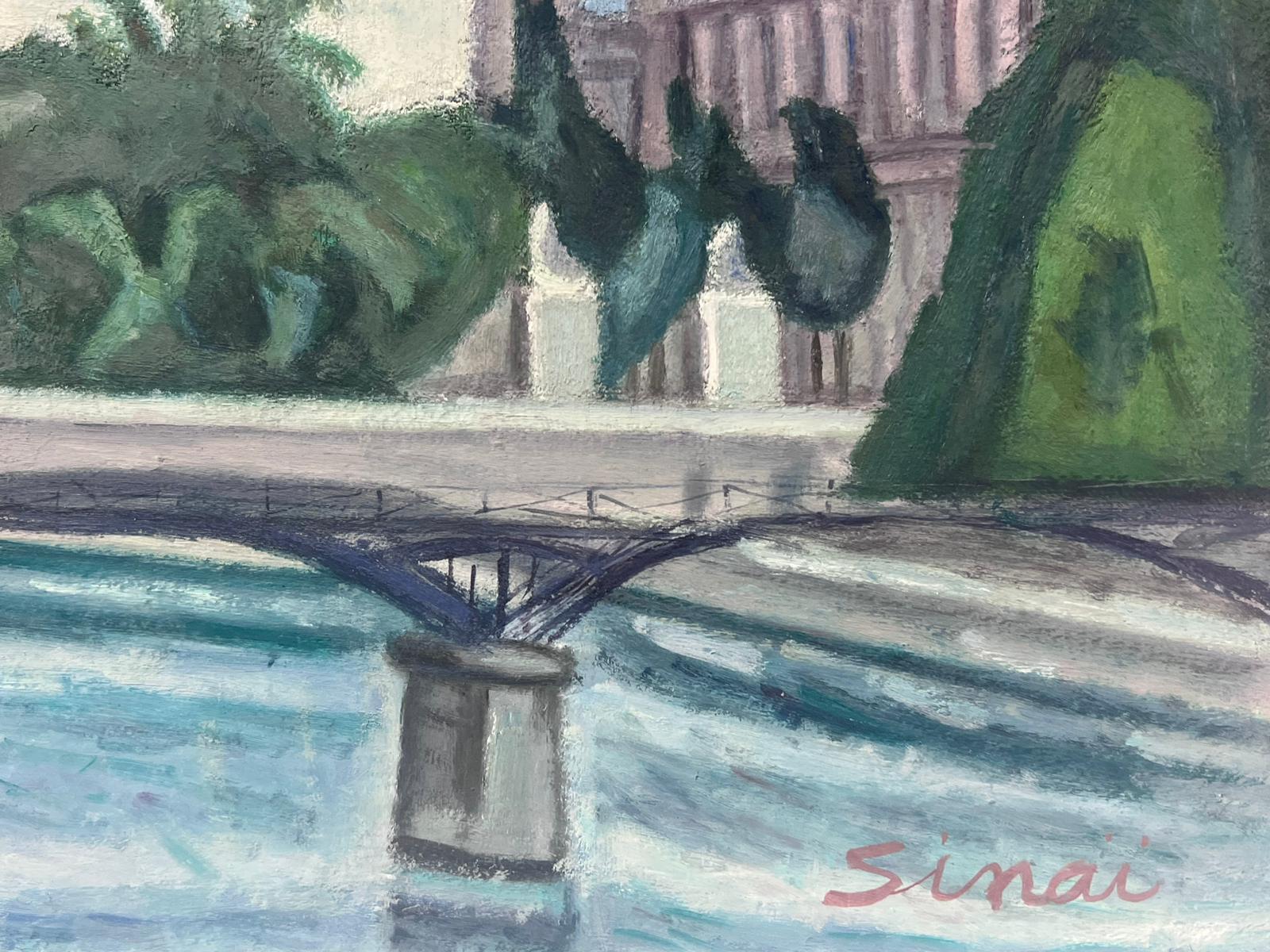 Paris Skyline River Seine & Louvre Buildings Signed French Modernist Oil  For Sale 1