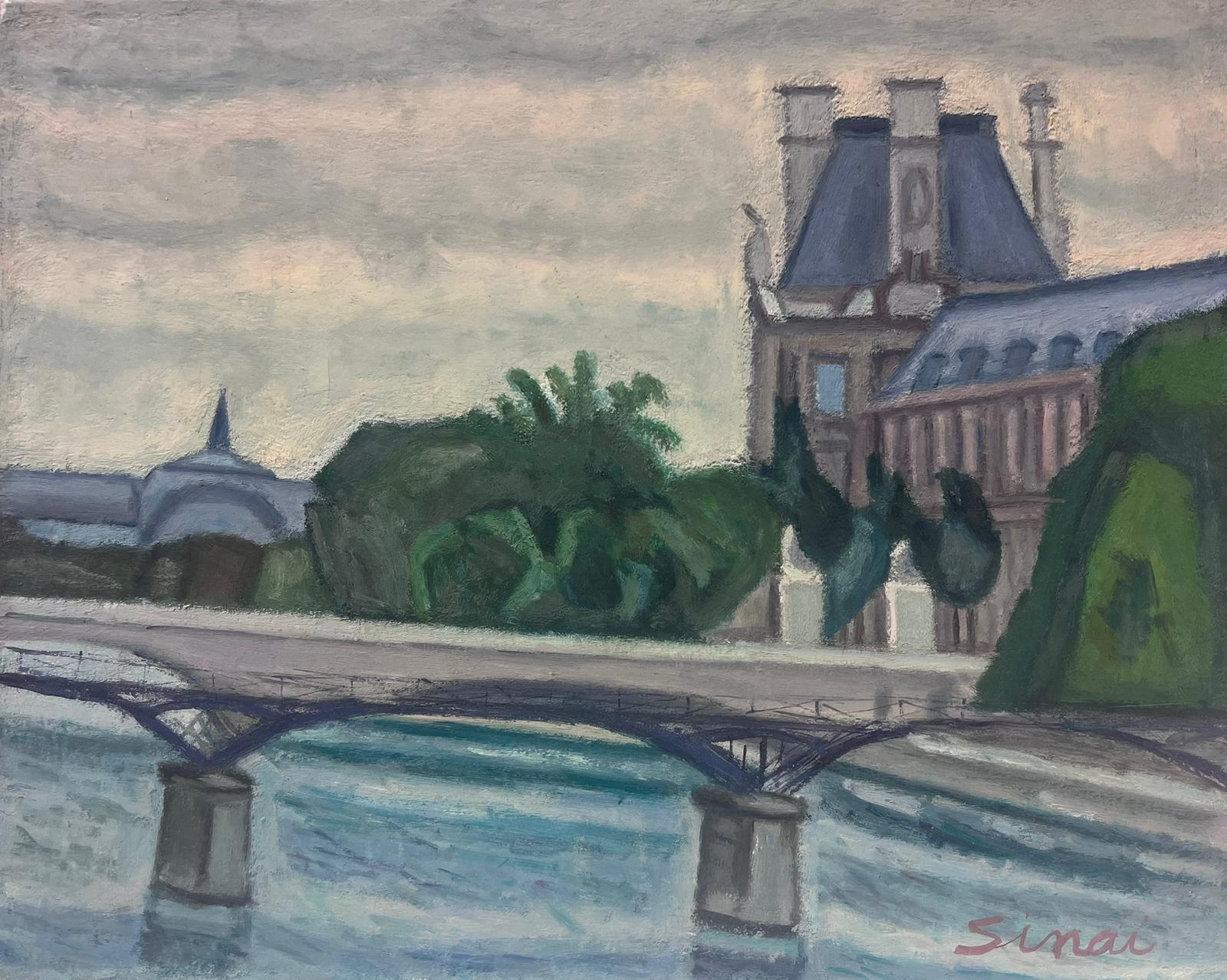 French School Landscape Painting - Paris Skyline River Seine & Louvre Buildings Signed French Modernist Oil 