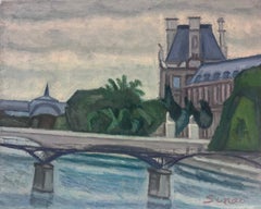 Französisches modernistisches Ölgemälde, Pariser Skyline-F Fluss Seine & Louvre Gebäude signiert 