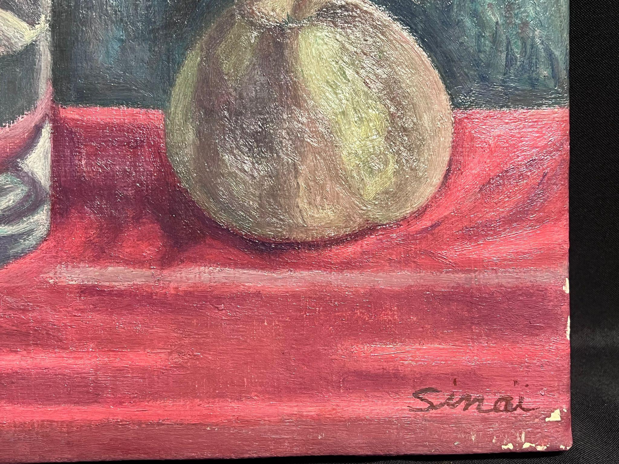 Post-Impressionist Signed Oil Still Life Apple & Water Glass 20th Century - Painting by French School