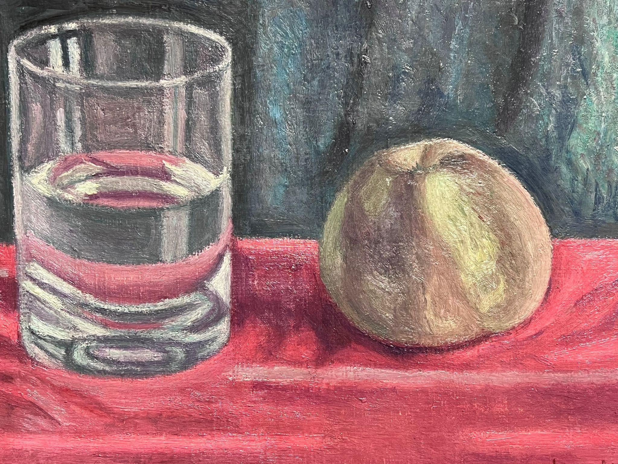 Post-Impressionist Signed Oil Still Life Apple & Water Glass 20th Century  For Sale 1