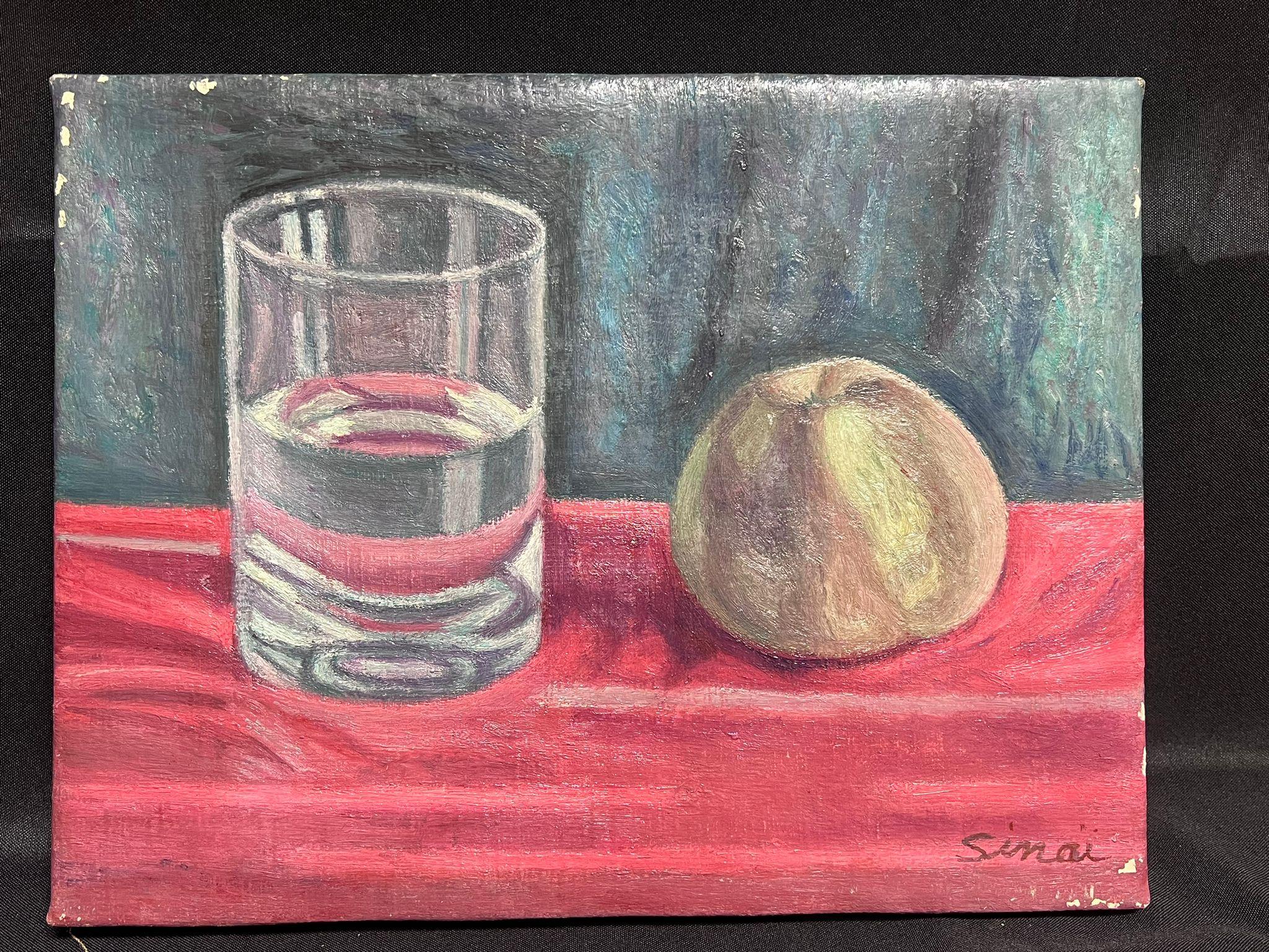 Post-Impressionist Signed Oil Still Life Apple & Water Glass 20th Century For Sale 1