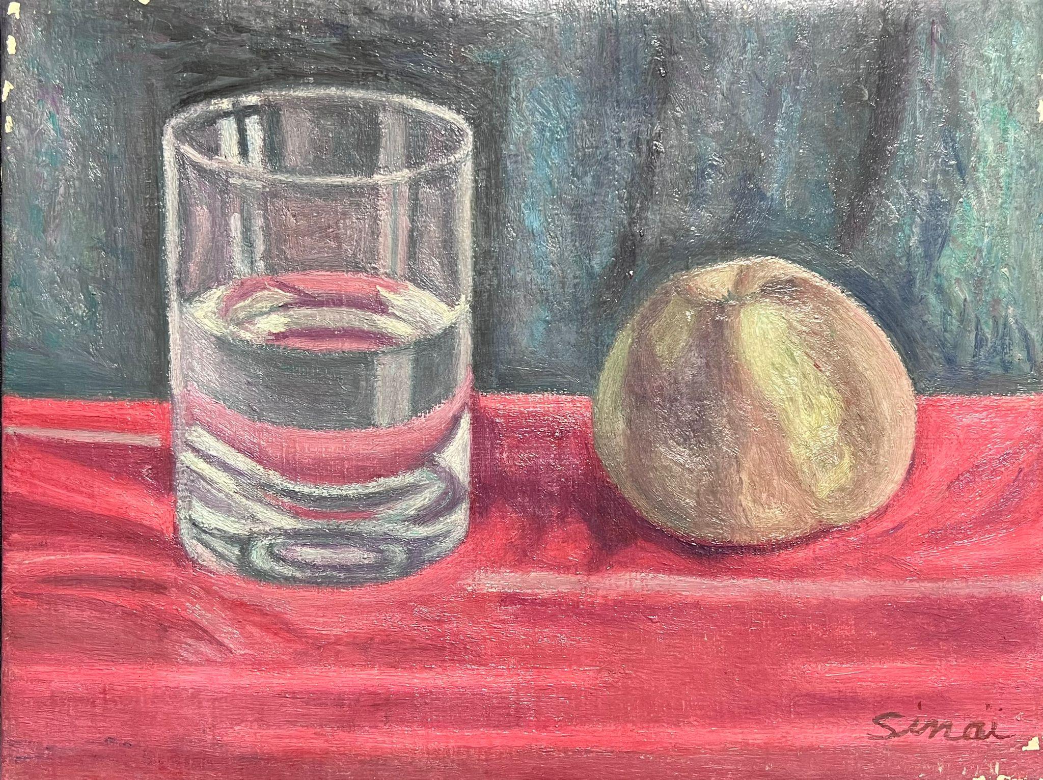 Nature morte à l'huile post-impressionniste signée Pomme et verre d'eau 20e siècle 