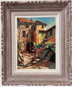 Provence Cottages 1950's French Impressionist Vintage Oil Painting Sunny Street