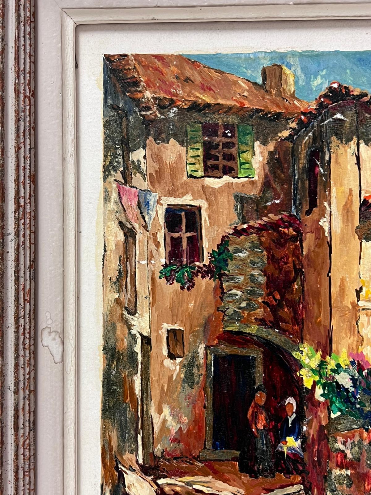 Provence Cottages 1950's French Impressionist Vintage Oil Painting Sunny Street For Sale 1