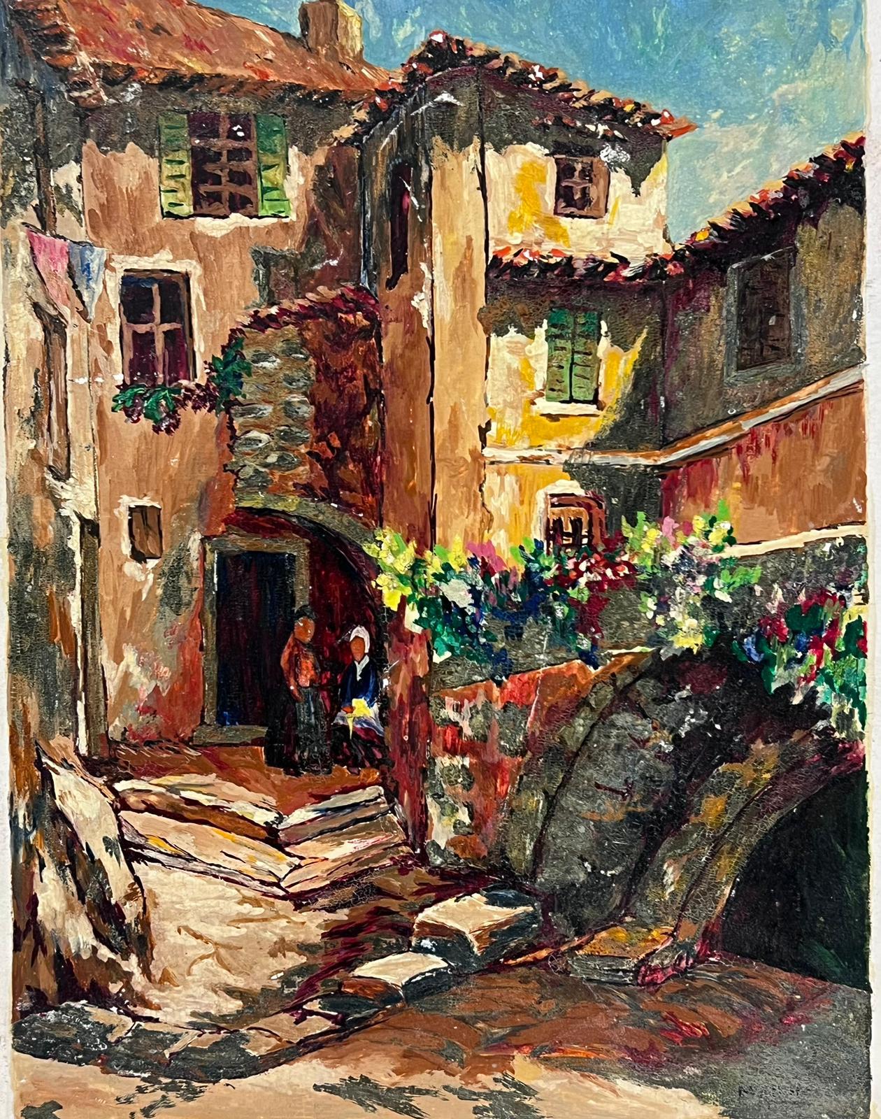 Provence Cottages 1950's French Impressionist Vintage Oil Painting Sunny Street For Sale 3